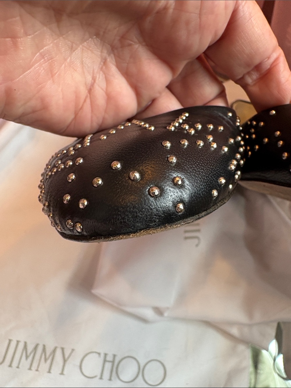 Authentic Jimmy Choo Black Leather Jessie Studded Flats - Picture 12 of 12